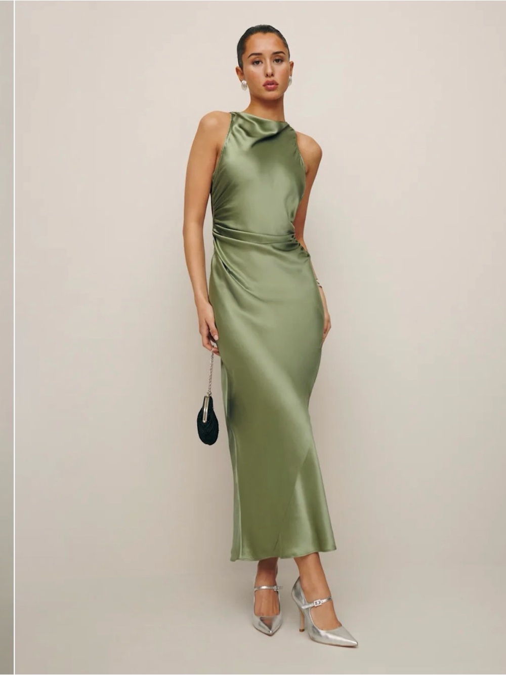 Reformation Olive Green Satin Maxi Dress